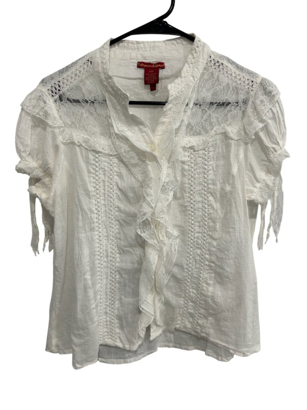 American Exchange Medium White Lace Trimmed Blouse Ruffled Cotton Romanticcore
